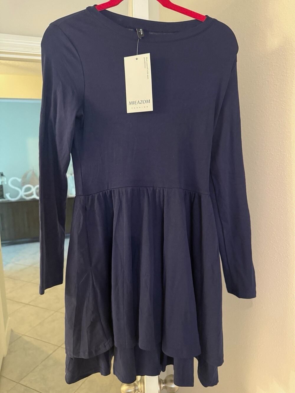 MIEAZOM Woman’s Fit & Flare Navy Solid Long Sleeve Round Neck Short Dress L
